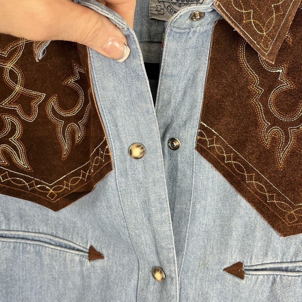 VTG Western Denim Shirt Women's 10 Suede Yoke Embroidered Snap Cowboy Ranchwear - Picture 6 of 14